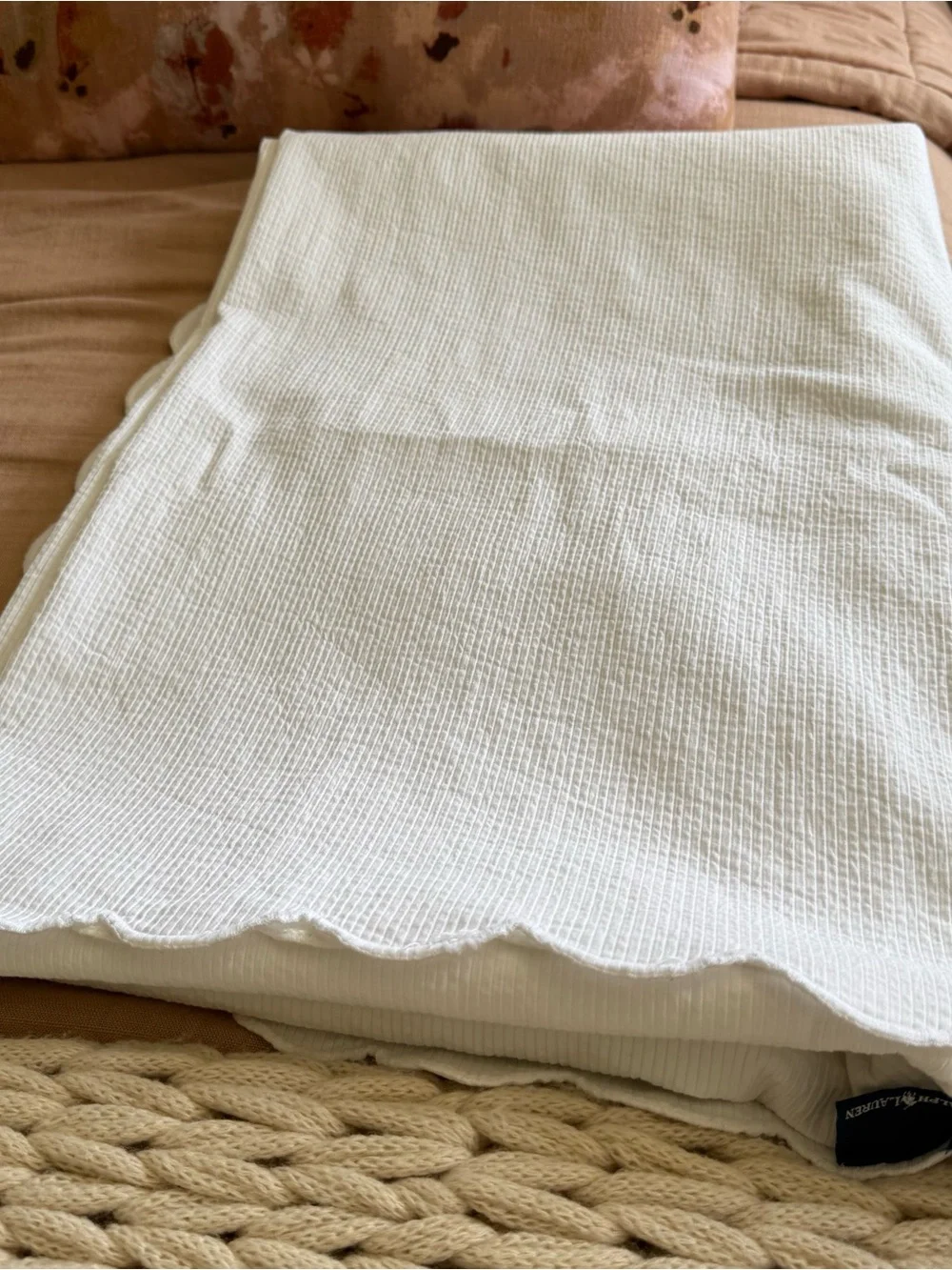 Vintage Ralph Lauren Embossed White Twin Size Sheet Bedspread Scalloped 90s